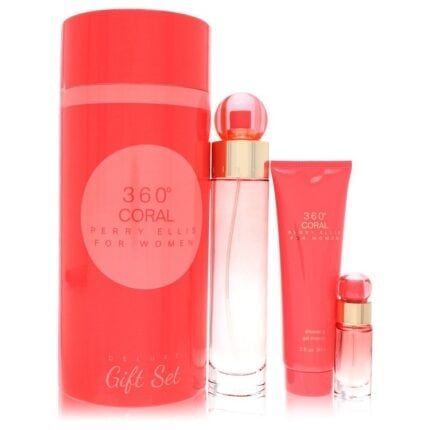 Perry Ellis 360 Coral By Perry Ellis - Gift Set -- 3.4 Oz Eau De Parfum Spray + .25 Oz Mini EDP Spray + 3 Oz Shower Gel