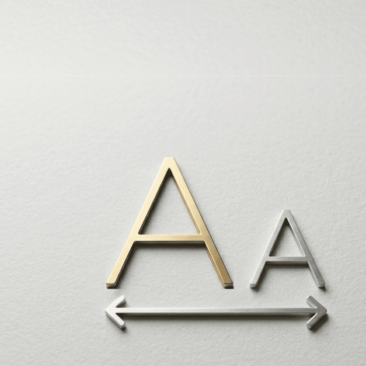 A minimalist and elegant close-up of two stylized, metallic 'A' characters—one gold and one silver—resting on a high-quality, textured white paper surface. A sleek silver double-headed arrow lies beneath them, symbolizing the fluid scalability and adaptive display of the interface. The clean composition and soft lighting reflect THE WISHLINE's commitment to inclusive luxury and accessible design