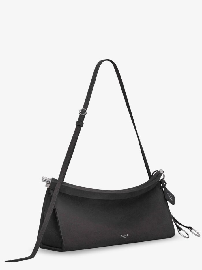 alaia east west leather shoulder bag with engraved lettering logo ALAIA East West Leather Shoulder Bag With Engraved Lettering Logo