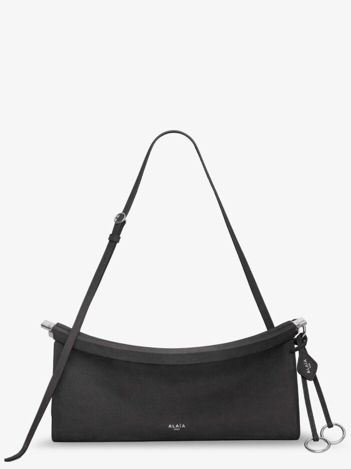alaia east west leather shoulder bag with engraved lettering logo ALAIA East West Leather Shoulder Bag With Engraved Lettering Logo