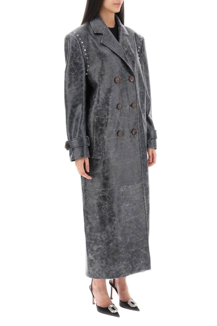 Alessandra Rich Oversized Leather Coat With Studs And Crystals