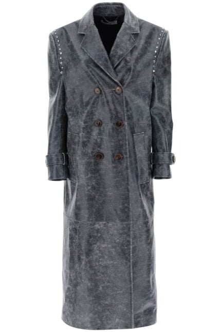 Alessandra Rich Oversized Leather Coat With Studs And Crystals