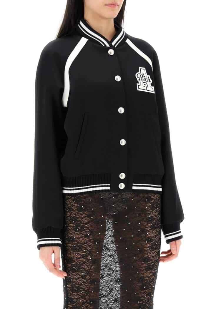 ALESSANDRA RICH Satin Bomber Jacket With Logo Patch