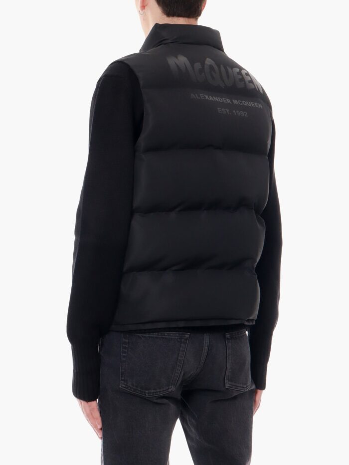 Alexander Mcqueen Padded And Quilted Nylon Sleeveless Jacket With Back Mcqueen Graffiti Print