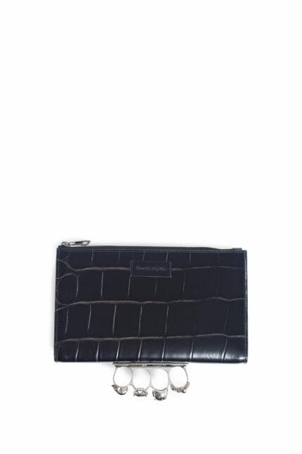 ALEXANDER MCQUEEN The Knuckle Zip Pouch In Crocodile Embossed Leather