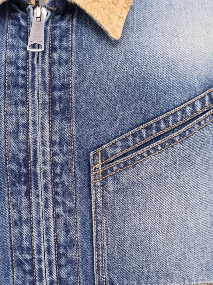 Alexander Mcqueen Washed Blue Ddenim Jacket With Suede Collar