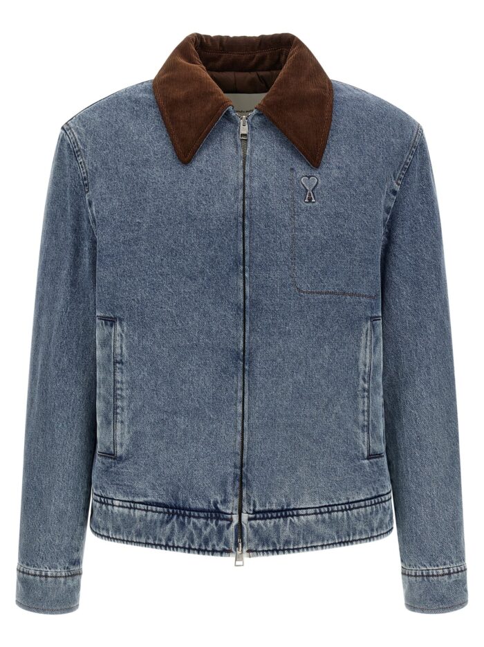ami paris ami de coeur padded denim jacket with zip AMI PARIS Ami De Coeur Padded Denim Jacket With Zip