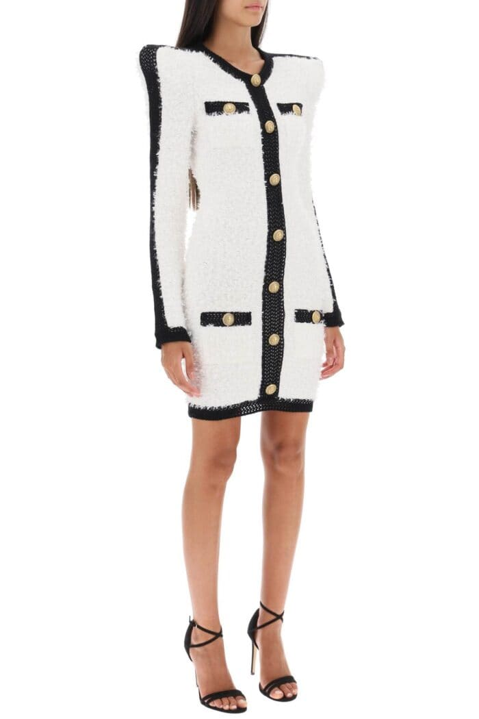 Balmain Boucl-tweed Dress With Pointy Shoulders