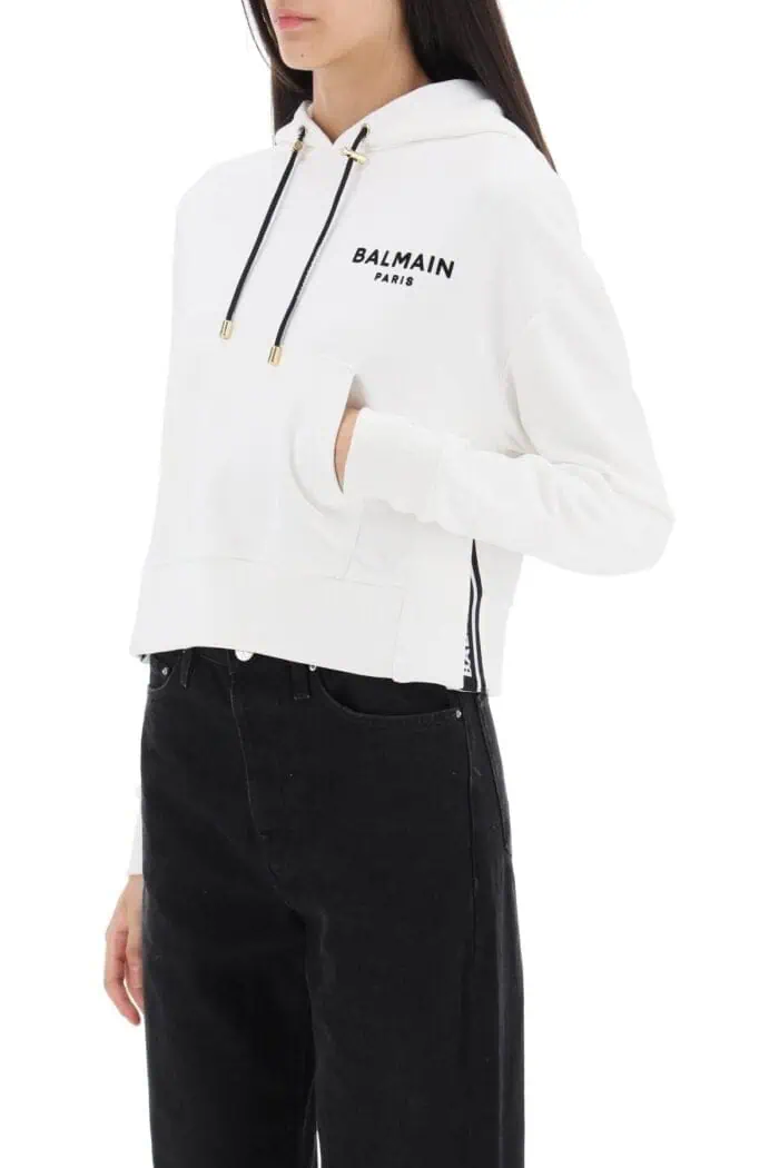 BALMAIN Cropped Sweatshirt With Flocked Logo Print