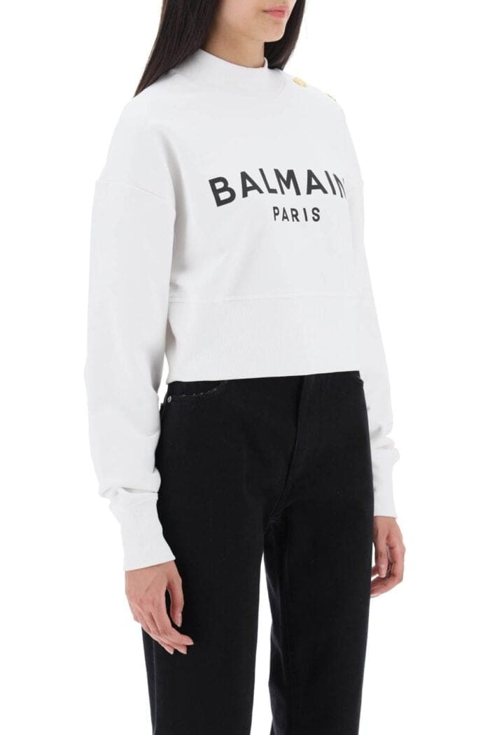 BALMAIN Cropped Sweatshirt With Logo Print And Buttons