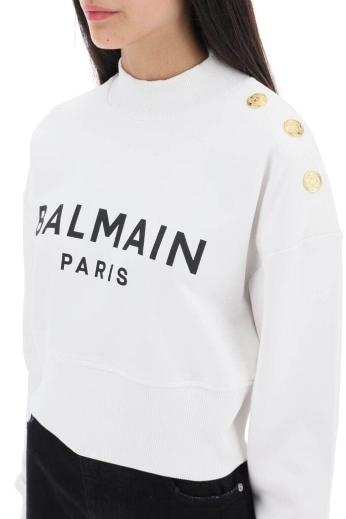 BALMAIN Cropped Sweatshirt With Logo Print And Buttons