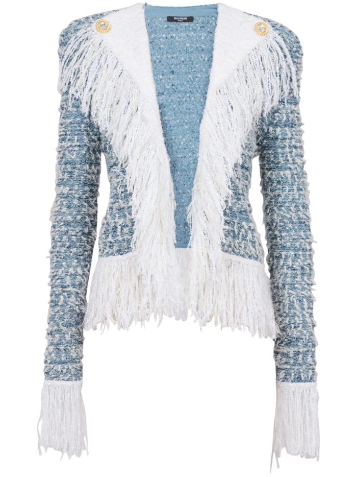 BALMAIN Fringed Denim Tweed Jacket