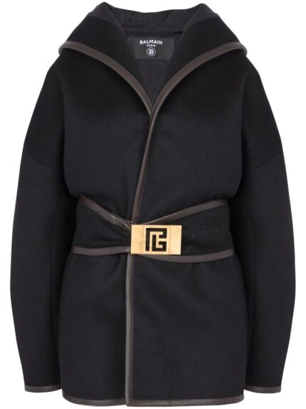 BALMAIN Hooded Wool Belted Coat