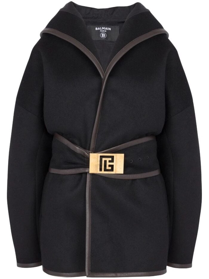 BALMAIN Hooded Wool Belted Coat