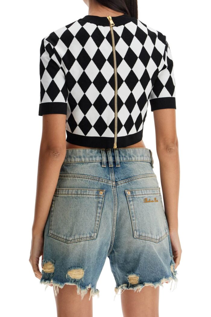 BALMAIN 'jacquard Diamond Pattern Knit Crop Top