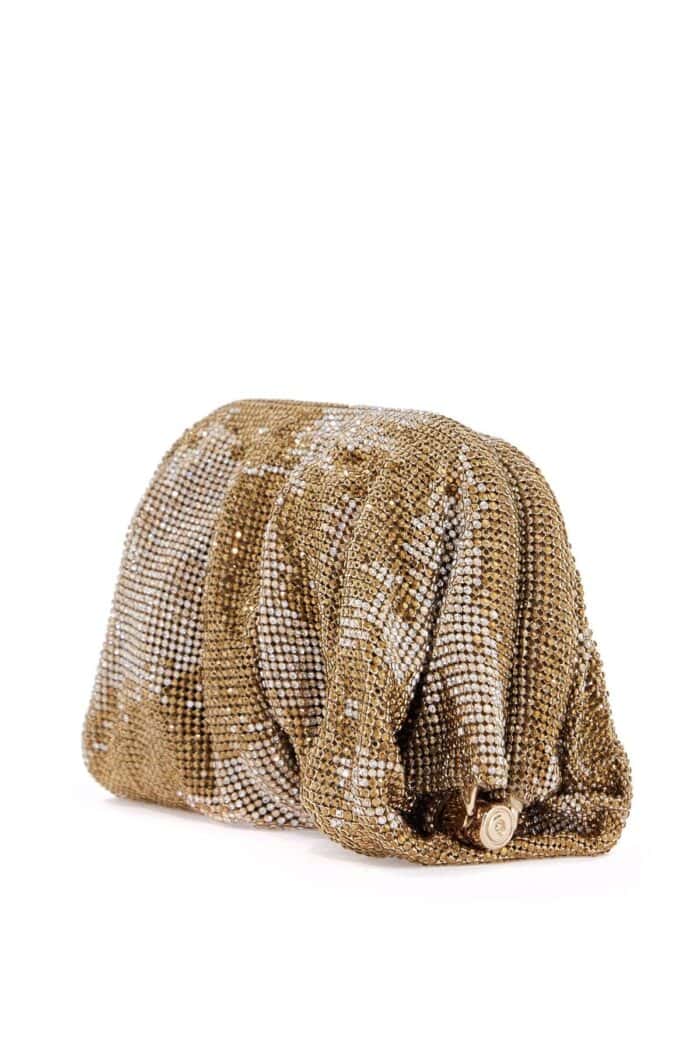 BENEDETTA BRUZZICHES Compact Bag In Sparkling Gold Rhinestone Mesh With Hook Closure