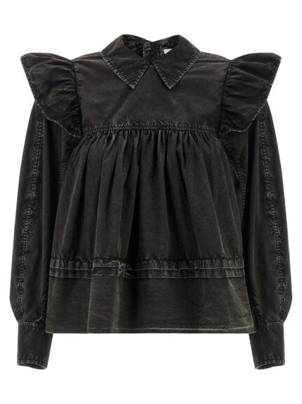 GANNI 'Black Washed Frill' Blouse