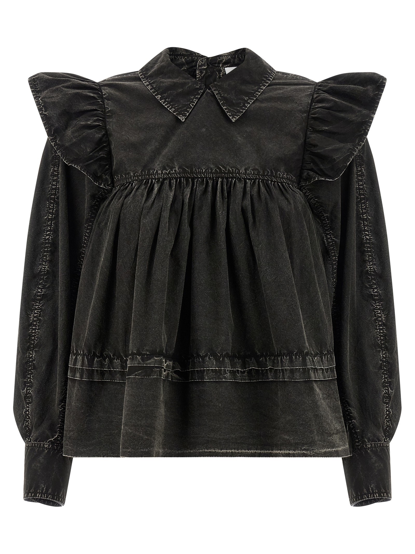 GANNI 'Black Washed Frill' Blouse