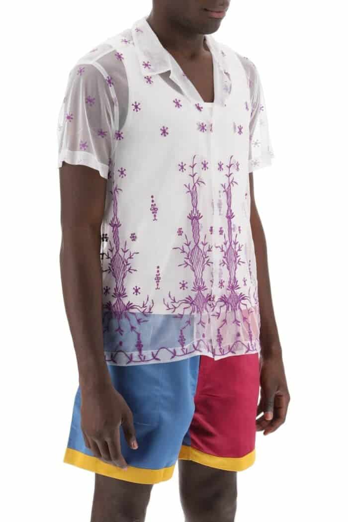 Bode Lavandula Bowling Shirt In Embroidered Tulle