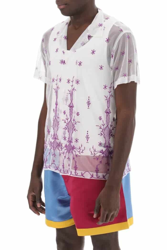 Bode Lavandula Bowling Shirt In Embroidered Tulle