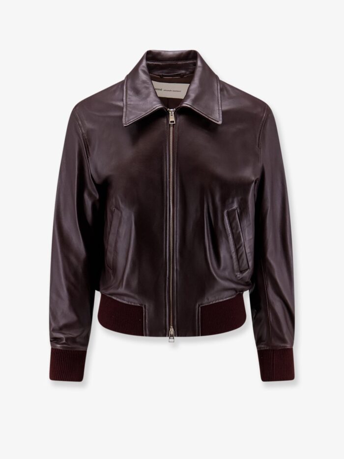 ami paris bordeaux leather jacket with zip AMI PARIS Bordeaux Leather Jacket With Zip