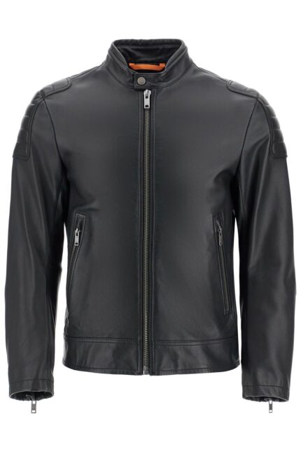 BOSS Black Leather Jacket With High Collar And Quilted Details