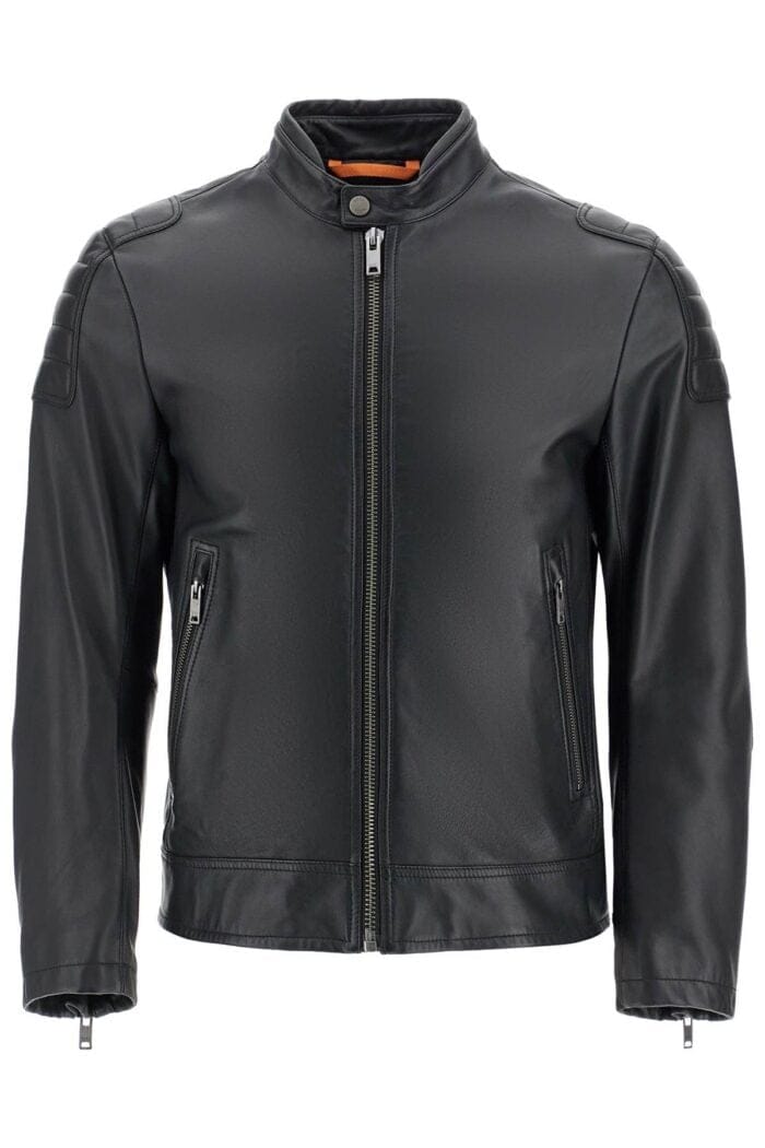 BOSS Black Leather Jacket With High Collar And Quilted Details