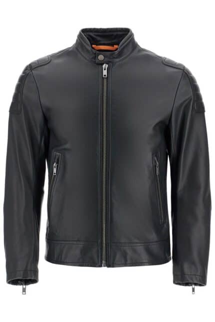 BOSS Black Leather Jacket With High Collar And Quilted Details