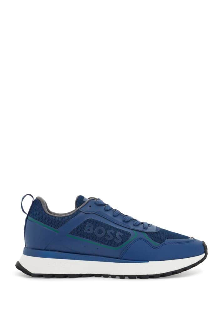 BOSS Breathable Blue Sneakers With Green Details And White Sole