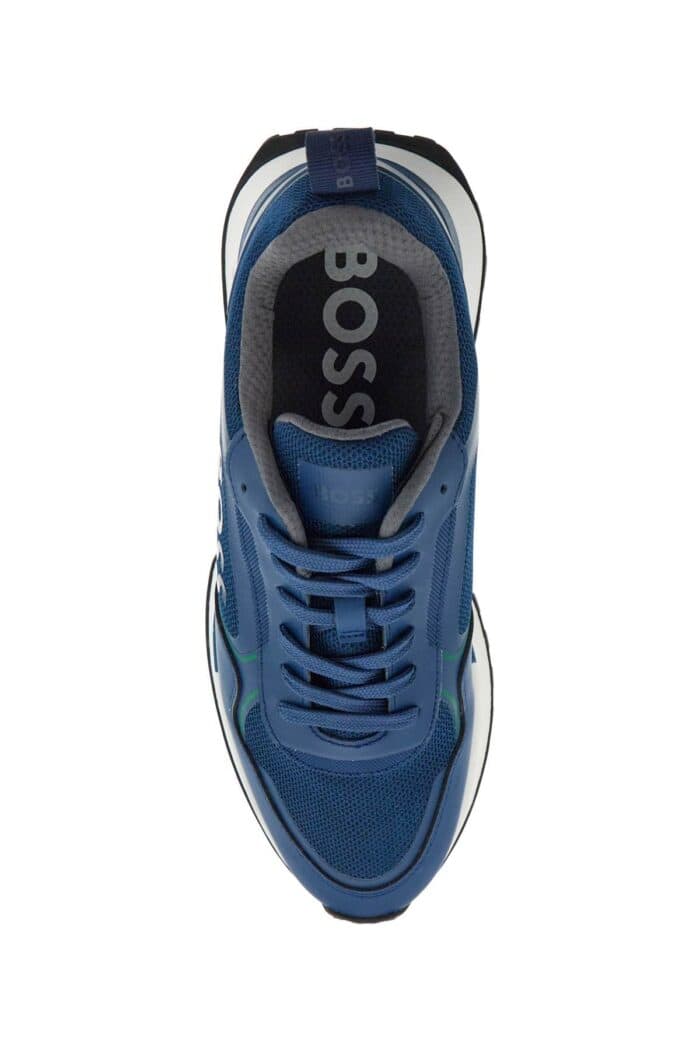 BOSS Breathable Blue Sneakers With Green Details And White Sole