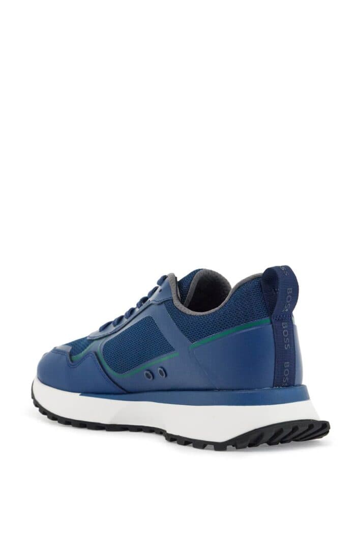 BOSS Breathable Blue Sneakers With Green Details And White Sole