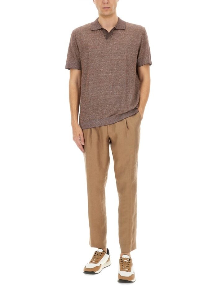 BOSS CAMEL POLO SHIRT IN COTTON, LINEN AND SILK