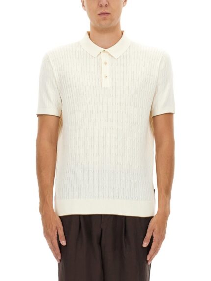 BOSS CAMEL SILK AND COTTON BRAIDED POLO SHIRT