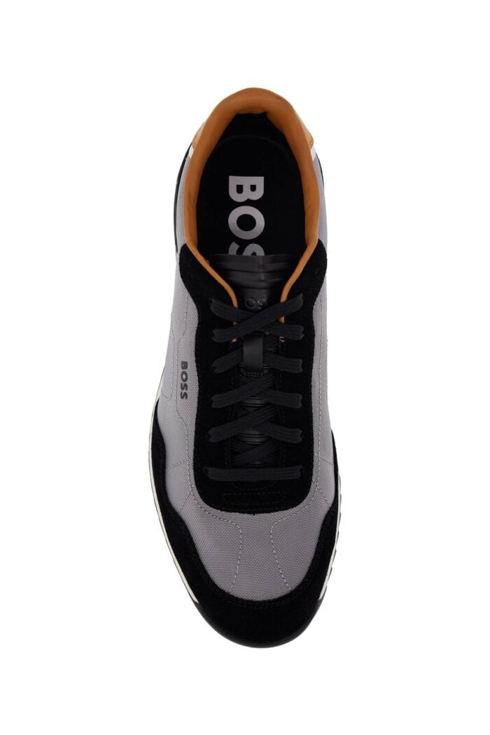 BOSS Light Grey And Black Suede Fabric Sneakers With White Sole