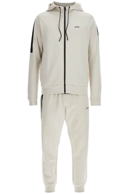 BOSS Men's Sports Tracksuit With Hood And Zip In Light Beige Cotton