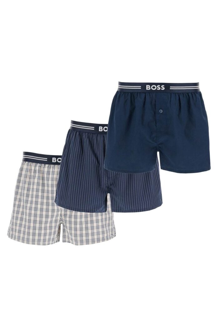 BOSS Set 3 Boxer Uomo Cotone Blu Scuro Righe Quadretti Vita Elastica Aw2024