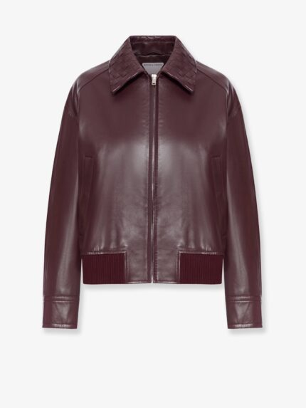 Bottega Veneta Leather Jacket With Intrecciato Motif Collar