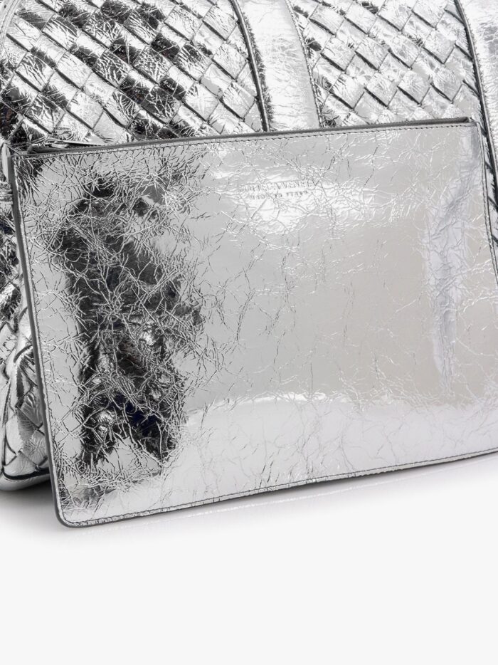 Bottega Veneta Silver Leather Duffle Bag With Intrecciato Motif