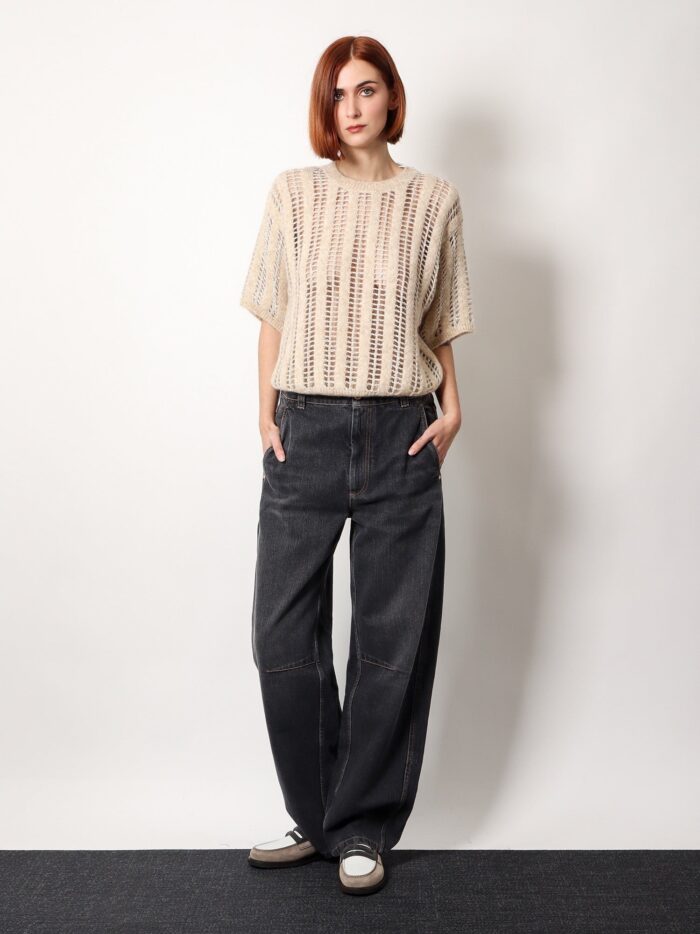 Brunello Cucinelli Black Denim Trouser With Leather Logo Tag