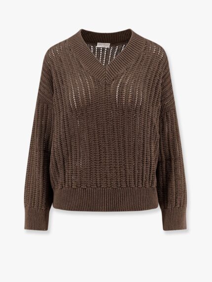 Brunello Cucinelli Cotton Openwork Rib Sweater With Monili Detail