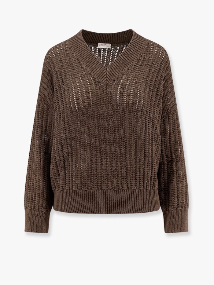 Brunello Cucinelli Cotton Openwork Rib Sweater With Monili Detail