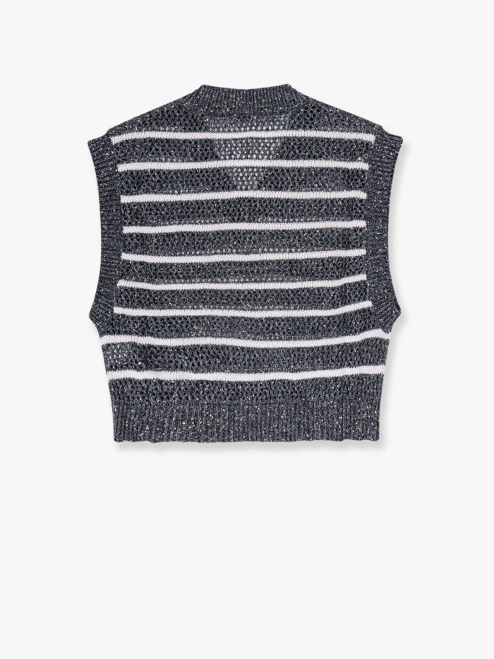 Brunello Cucinelli Dazzling Striped Net Knit Linen Sweater