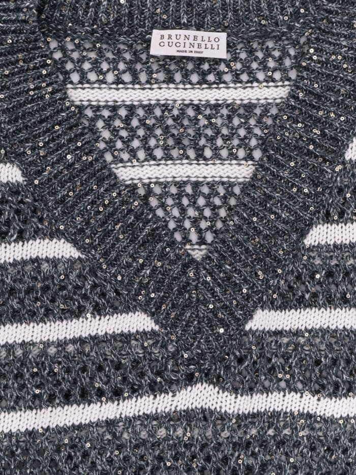 Brunello Cucinelli Dazzling Striped Net Knit Linen Sweater