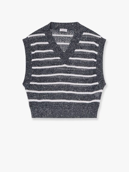 Brunello Cucinelli Dazzling Striped Net Knit Linen Sweater