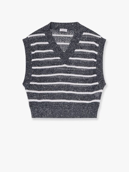 Brunello Cucinelli Dazzling Striped Net Knit Linen Sweater