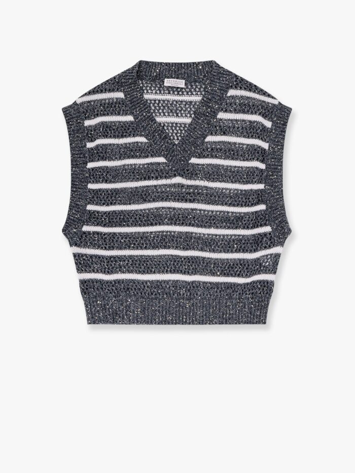 Brunello Cucinelli Dazzling Striped Net Knit Linen Sweater