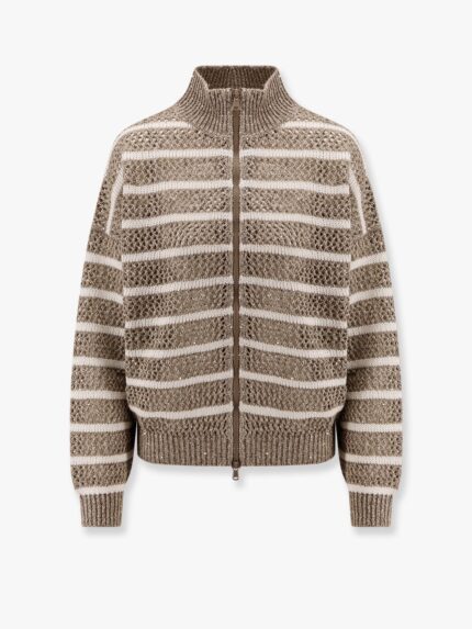 Brunello Cucinelli Dazzling Striped Net Linen Blend Cardigan With Sequins