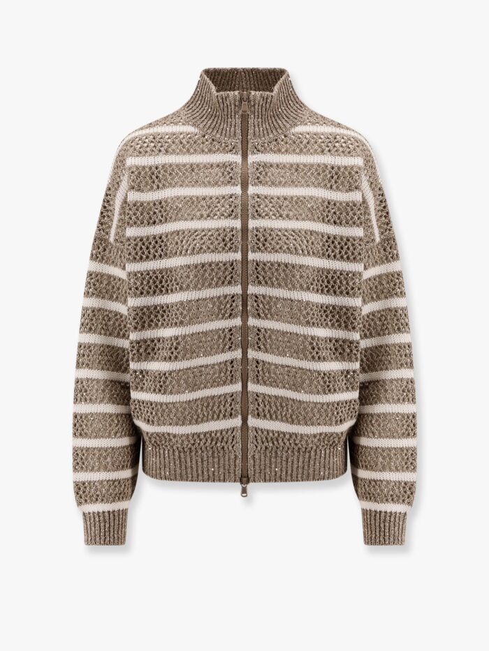 Brunello Cucinelli Dazzling Striped Net Linen Blend Cardigan With Sequins