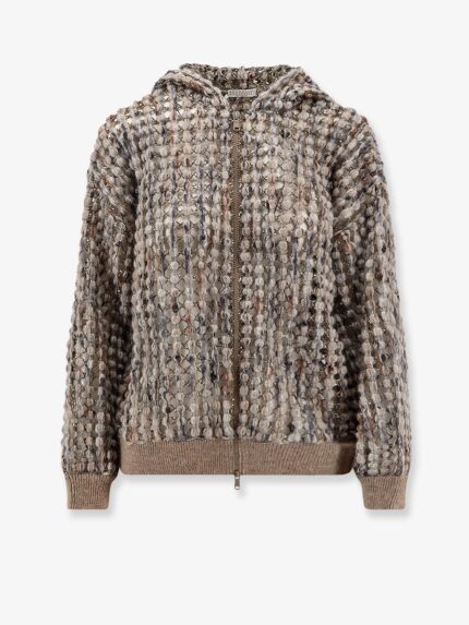 Brunello Cucinelli Perforated Wool Blend Cardigan With Sequins
