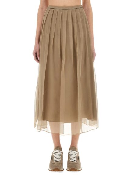 Brunello Cucinelli SILK PLEATED MIDI SKIRT
